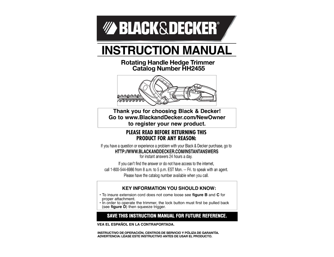 Black & Decker HH2455R instruction manual Rotating Handle Hedge Trimmer Catalog Number HH2455 