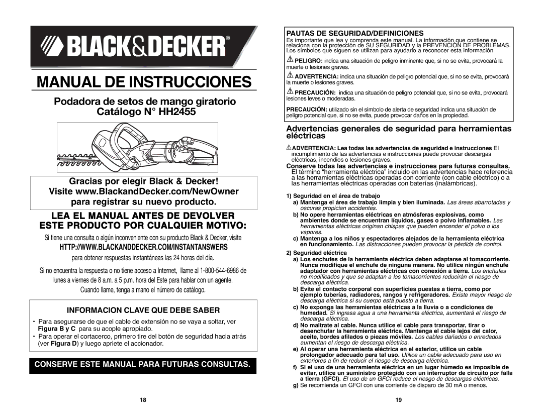 Black & Decker HH2455R Podadora de setos de mango giratorio Catálogo N HH2455, Informacion Clave QUE Debe Saber 