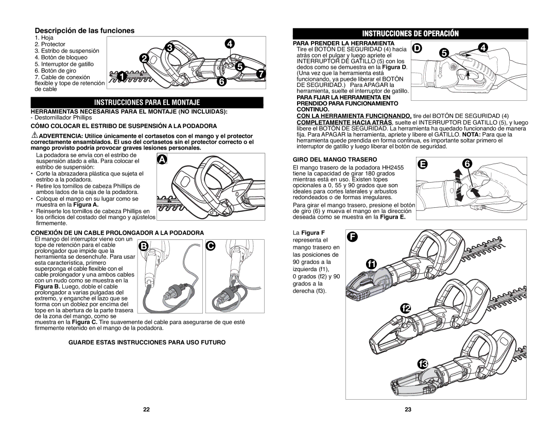 Black & Decker HH2455R Descripción de las funciones, Instrucciones Para EL Montaje, Instrucciones DE Operación 