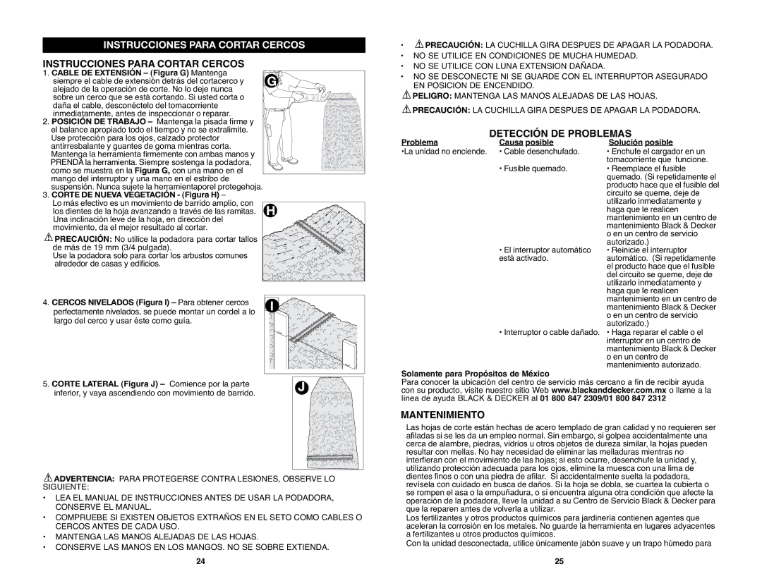 Black & Decker HH2455R instruction manual Detección DE Problemas, Mantenimiento, Corte DE Nueva Vegetación Figura H 