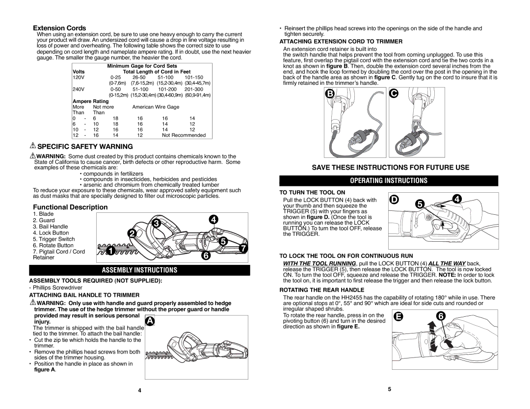 Black & Decker HH2455R instruction manual Extension Cords, Save These Instructions for Future USE, Operating Instructions 