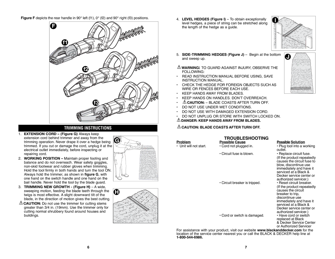 Black & Decker HH2455R instruction manual Trimming Instructions, Troubleshooting, Extension Cord Figure G Always keep 