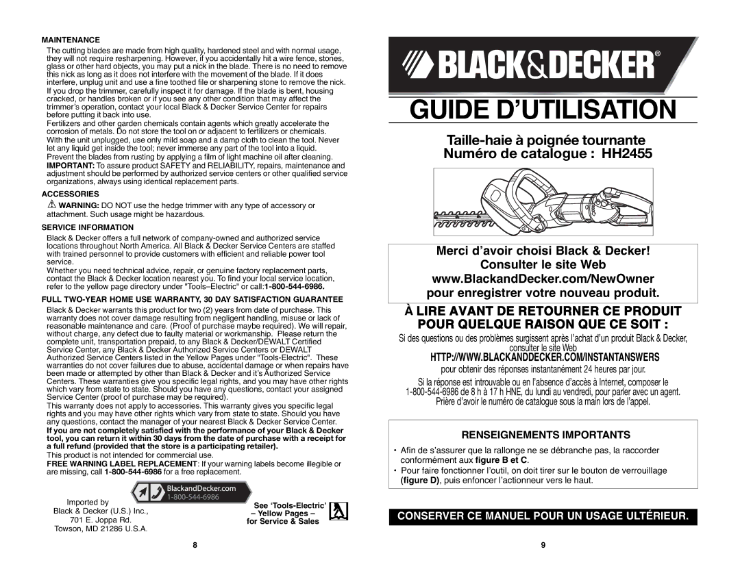 Black & Decker HH2455R Taille-haie à poignée tournante Numéro de catalogue HH2455, Renseignements Importants, Maintenance 