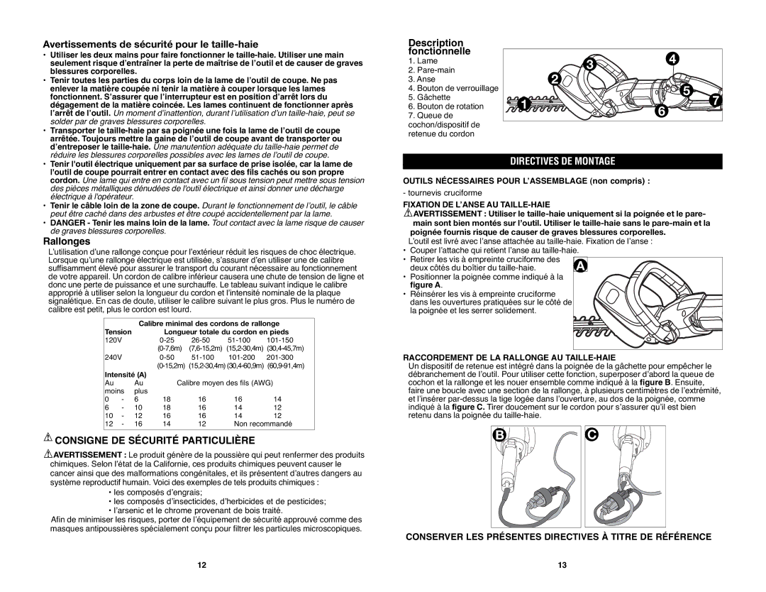 Black & Decker HH2455R Avertissements de sécurité pour le taille-haie, Rallonges, Consigne DE Sécurité Particulière 