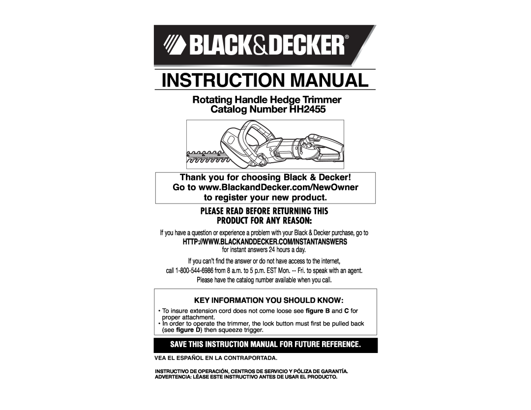 Black & Decker HH2455R instruction manual Rotating Handle Hedge Trimmer Catalog Number HH2455 