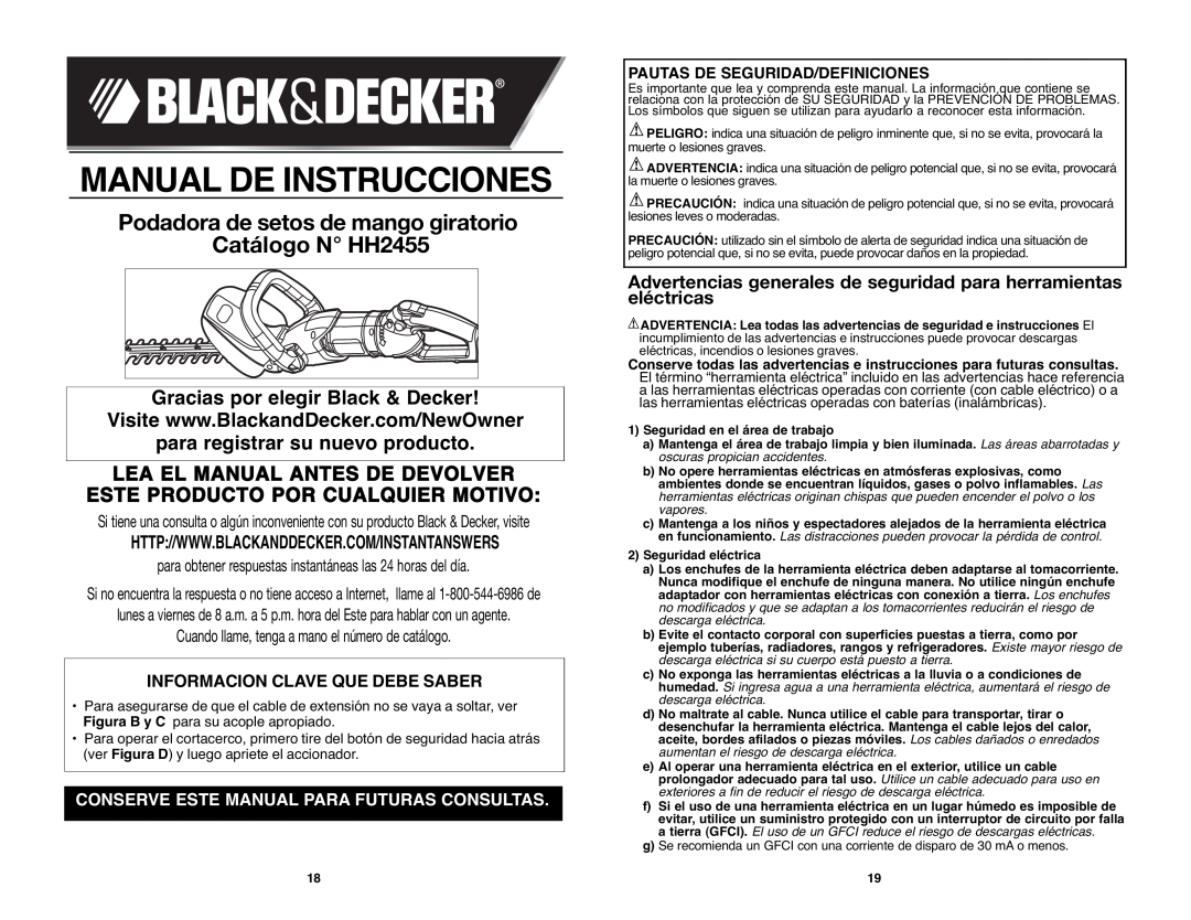 Black & Decker HH2455R Podadora de setos de mango giratorio Catálogo N HH2455, Gracias por elegir Black & Decker 