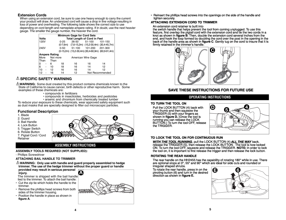 Black & Decker HH2455R Extension Cords, Specific Safety Warning, Save These Instructions For Future Use, injury.A 