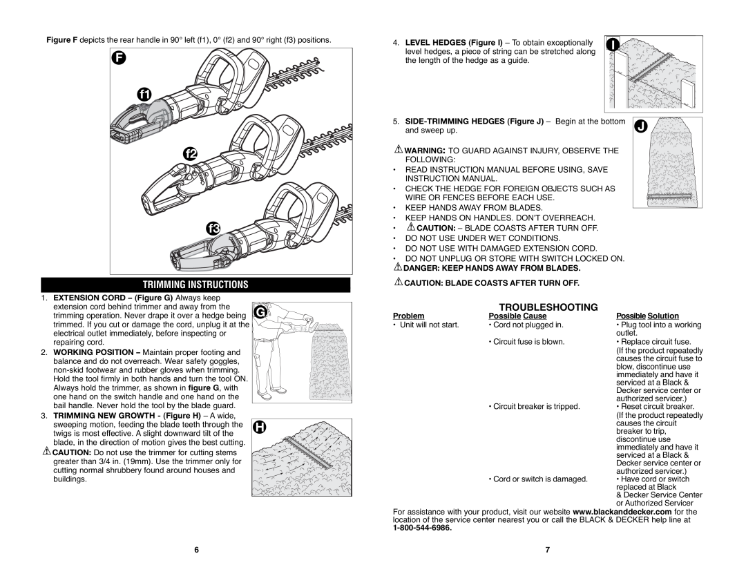 Black & Decker HH2455R Trimming Instructions, Troubleshooting, EXTENSION CORD - Figure G Always keep, Problem 