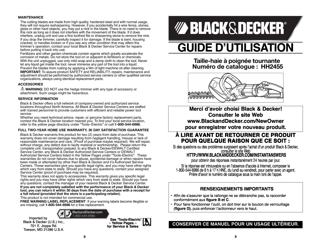 Black & Decker HH2455R instruction manual Guide Dʼutilisation, Taille-haie à poignée tournante Numéro de catalogue HH2455 