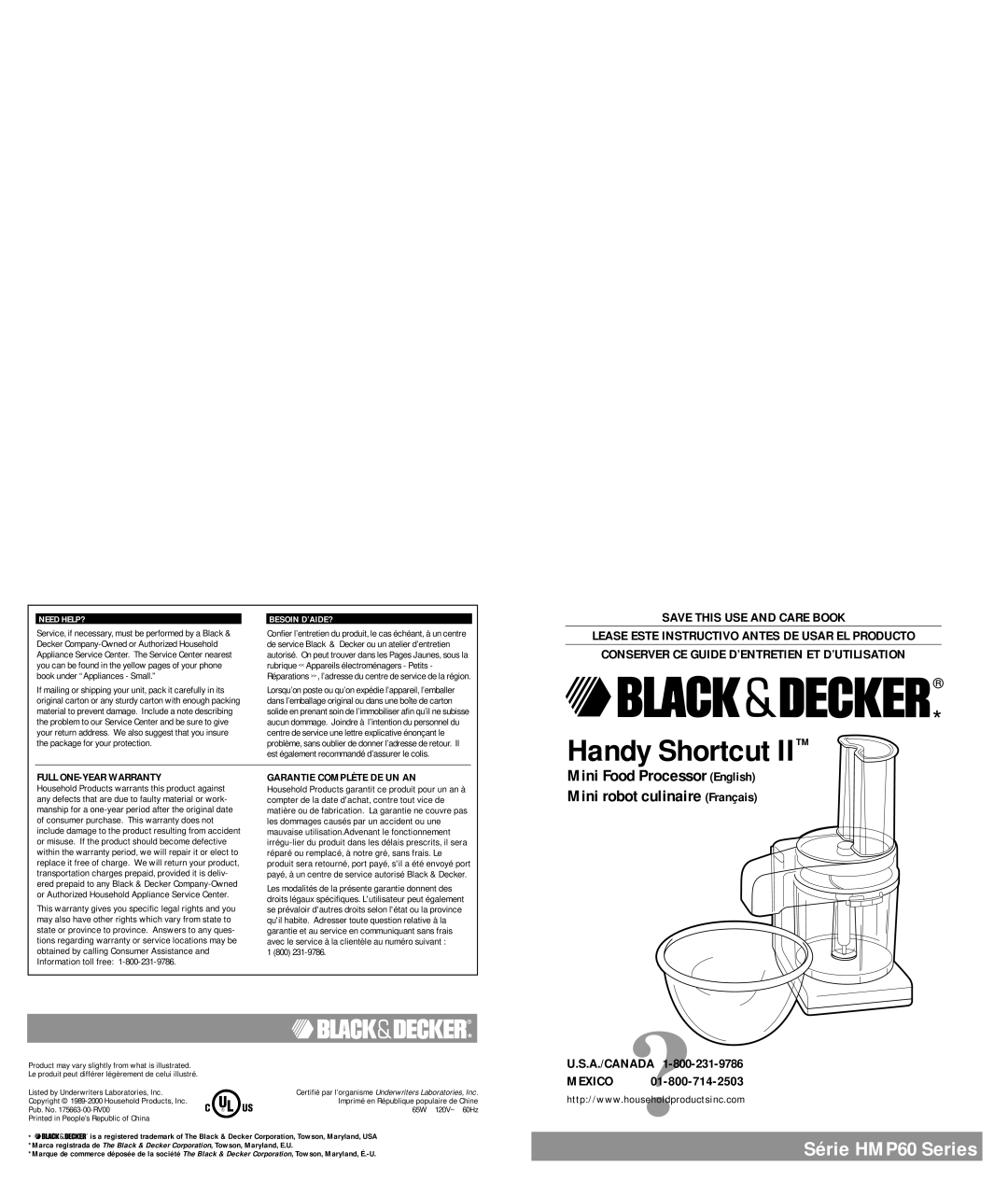 Black & Decker HMP60 warranty Full ONE-YEAR Warranty, Garantie Complète DE UN AN, 800 