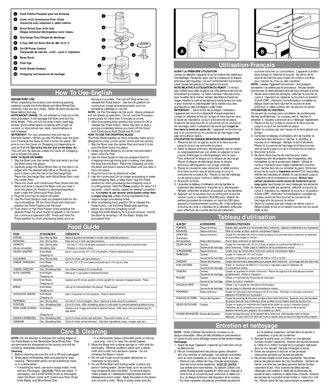 Black & Decker HMP60 warranty Utilisation-Français, How To Use-English, Food Guide, Entretien et nettoyage, Care & Cleaning 