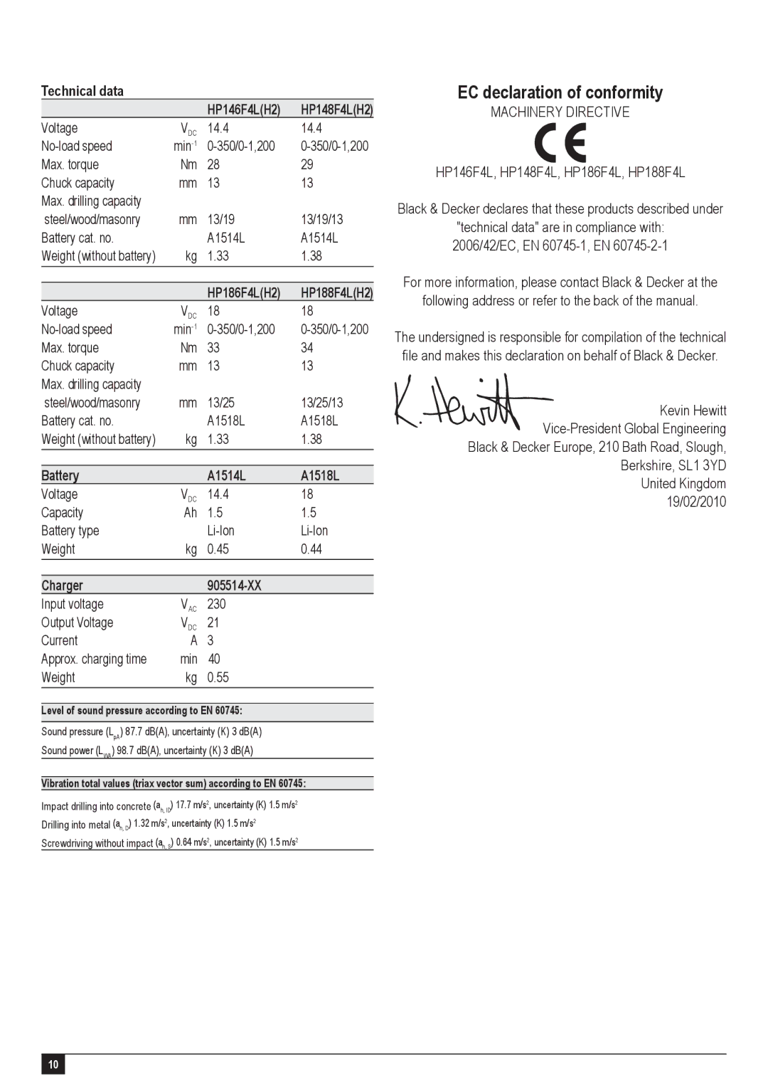 Black & Decker HP146F4L manual EC declaration of conformity, Technical data, Battery A1514L A1518L, Charger 905514-XX 