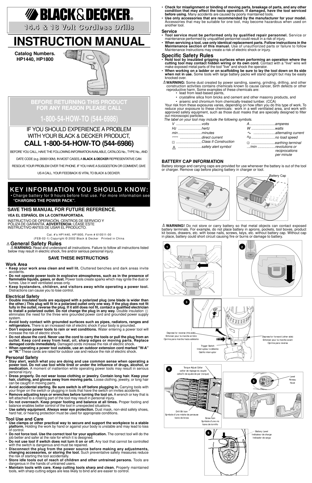 Black & Decker HP1440, HP1800 instruction manual Work Area, Electrical Safety, Personal Safety, Service, Tool Use and Care 