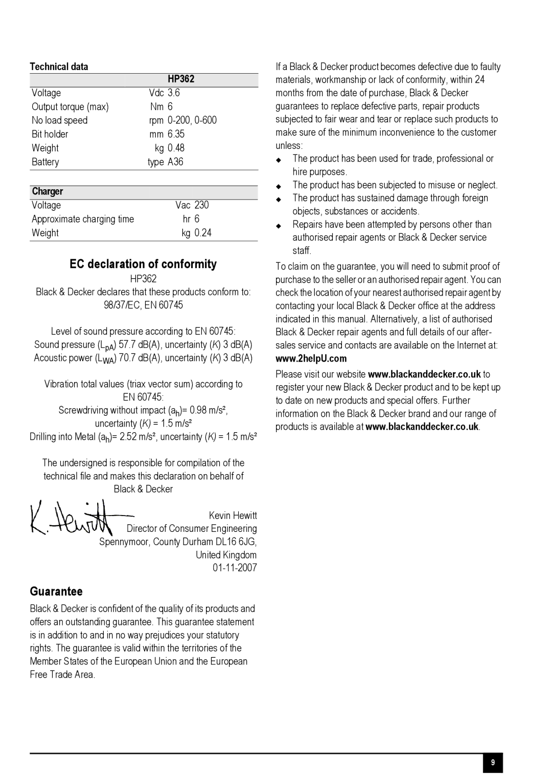 Black & Decker 90528103 manual EC declaration of conformity, Guarantee, Technical data HP362, Charger 