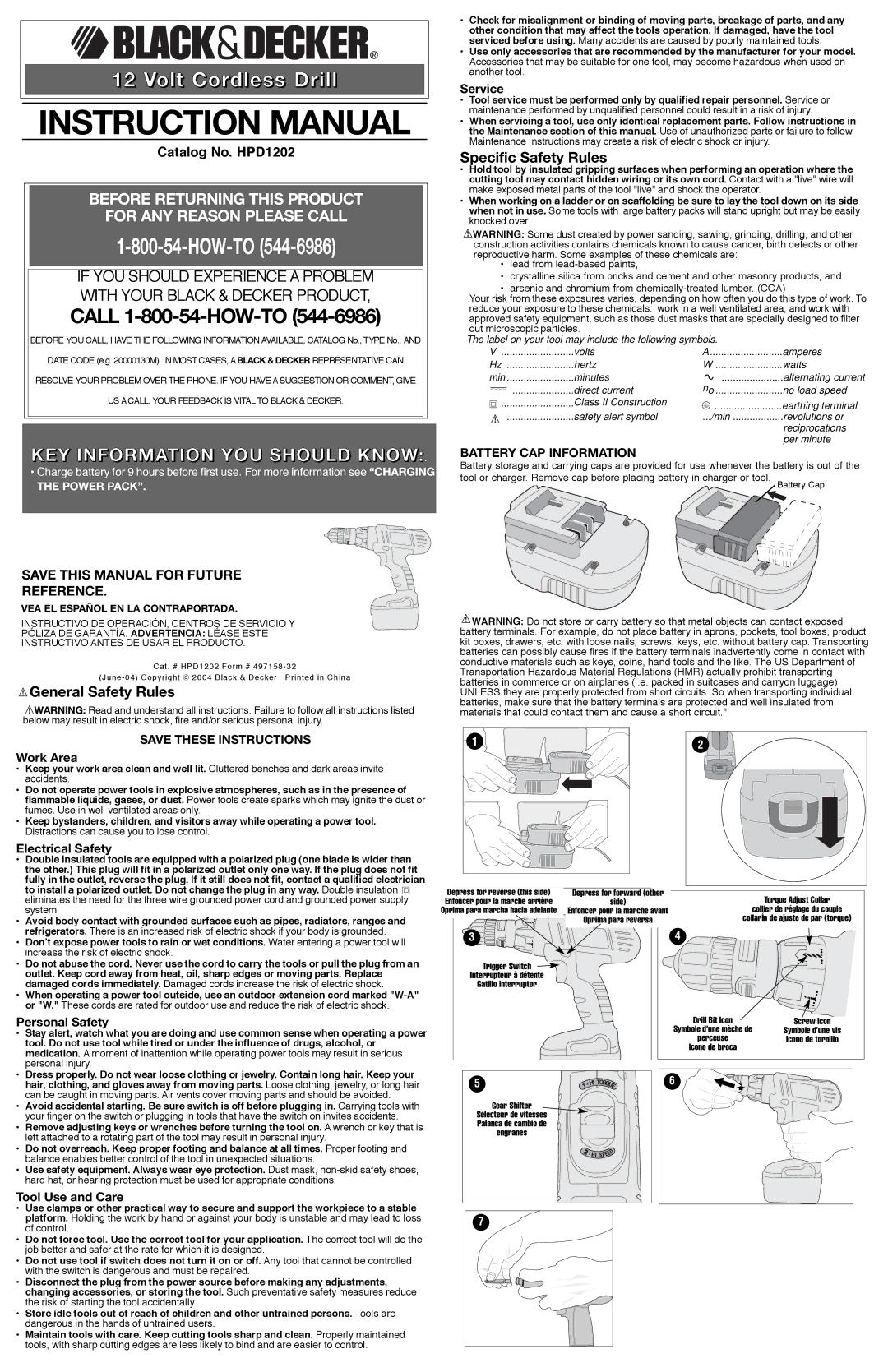 Black & Decker HPD1202 instruction manual General Safety Rules, Specific Safety Rules, Battery CAP Information 