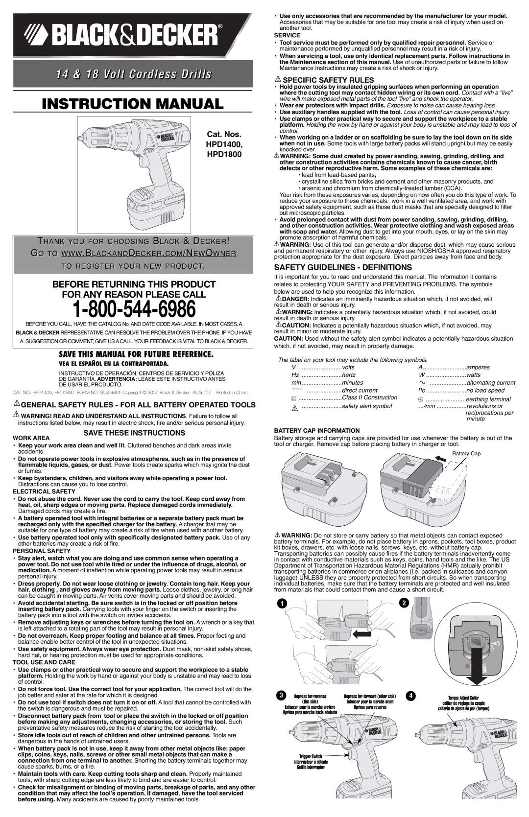 Black & Decker HPD1800 instruction manual General Safety Rules for ALL Battery Operated Tools, Specific Safety Rules 