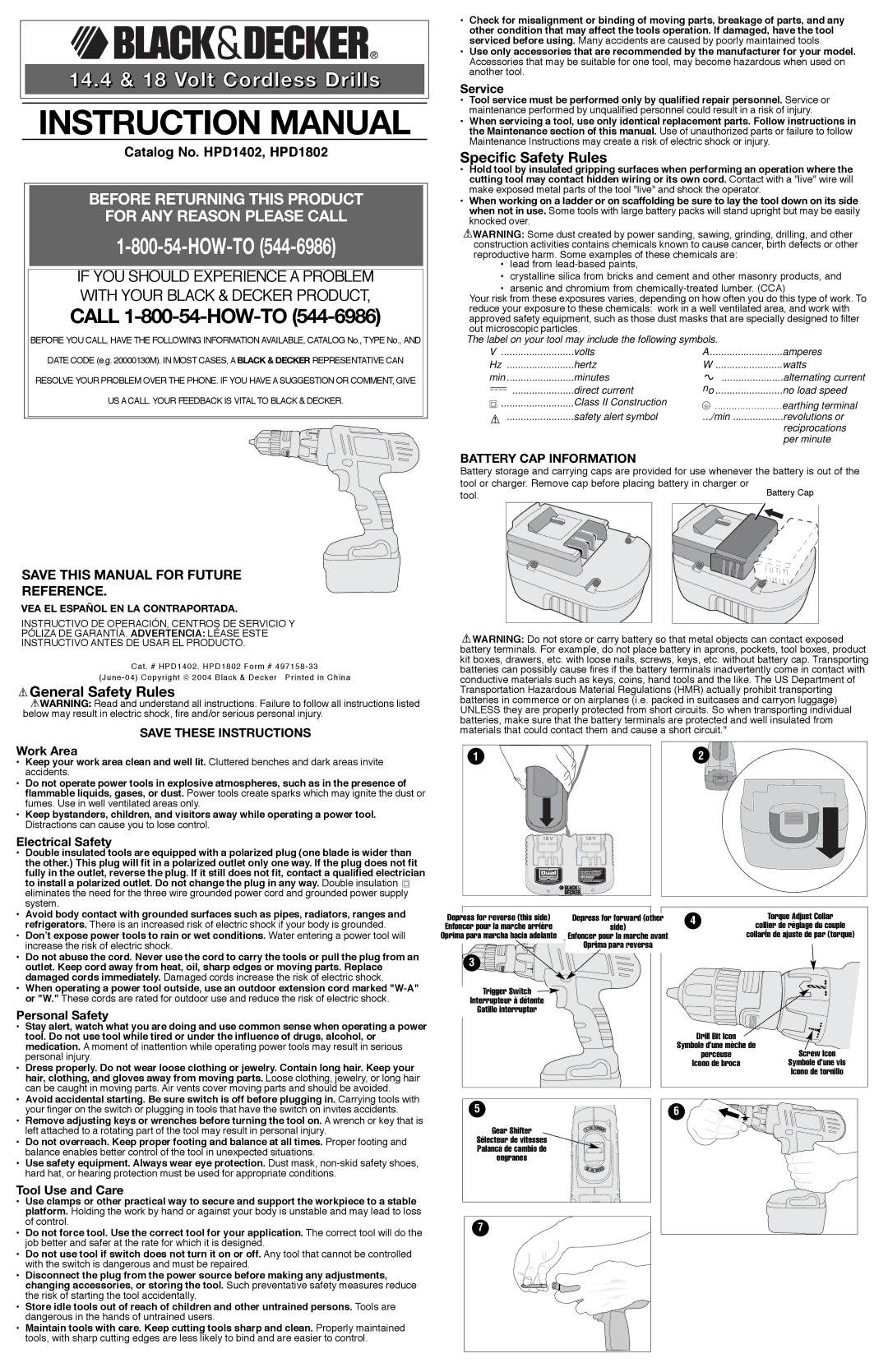 Black & Decker HPD1802, HPD1402 instruction manual Specific Safety Rules, General Safety Rules, Battery CAP Information 