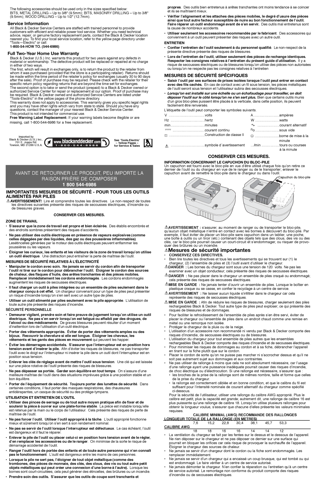 Black & Decker HPD1402, HPD1802 Mesures de sécurité importantes, Service Information, Full Two-Year Home Use Warranty 