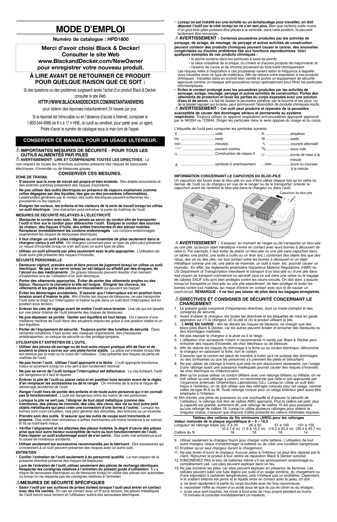 Black & Decker 90563682, HPD18AK-2 instruction manual Conserver CE Manuel Pour UN Usage Ultérieur, Conserver CES Mesures 