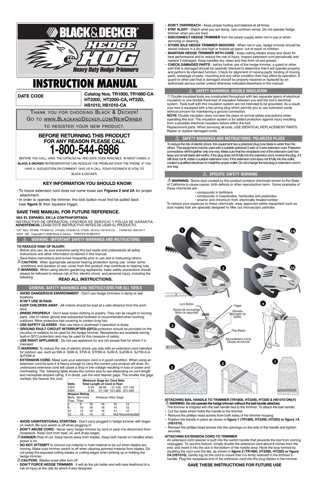 Black & Decker HT22D, HS1010-CA, HT2200-CA instruction manual Safety Warnings Double Insulation, Specific Safety Warning 