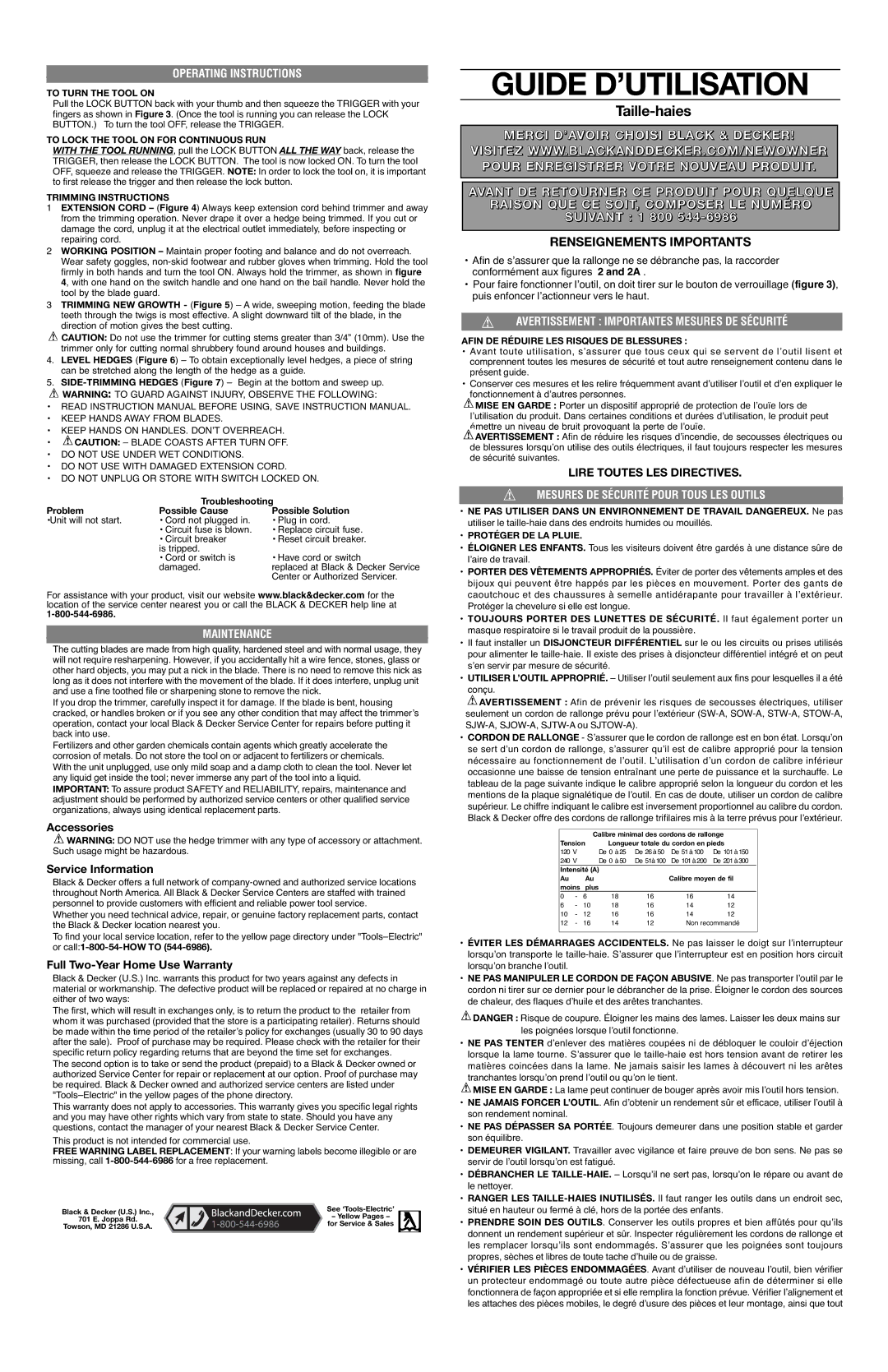 Black & Decker HT2200-CA, HS1010-CA Operating Instructions, Maintenance, Avertissement Importantes Mesures DE Sécurité 