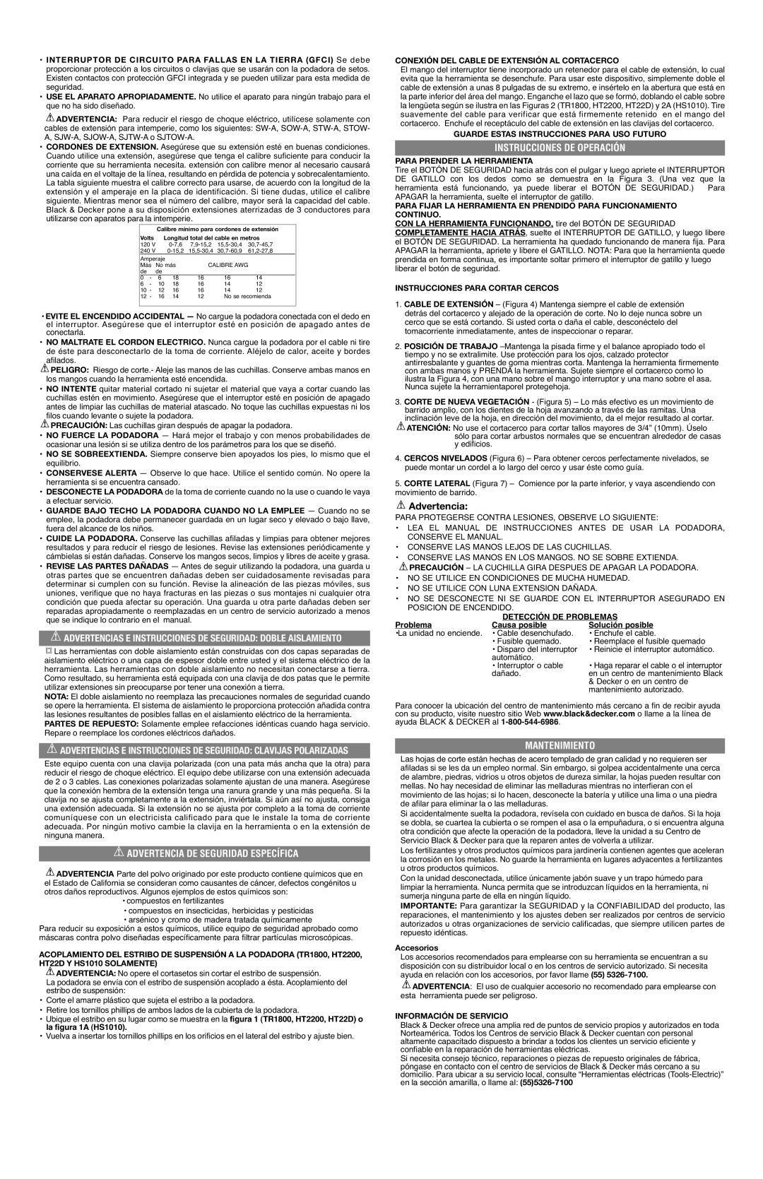 Black & Decker 90512417, HS1010-CA, HT22D Advertencia DE Seguridad Específica, Instrucciones DE Operación, Mantenimiento 