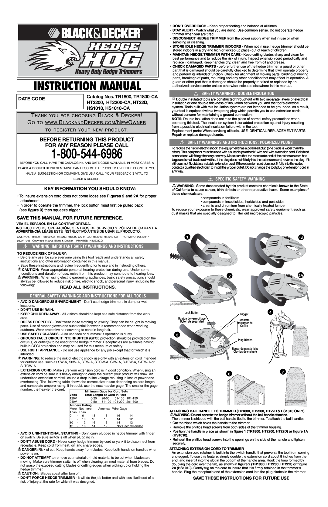 Black & Decker HT22D, HS1010-CA instruction manual Before Returning This Product For Any Reason Please Call, Date Code 