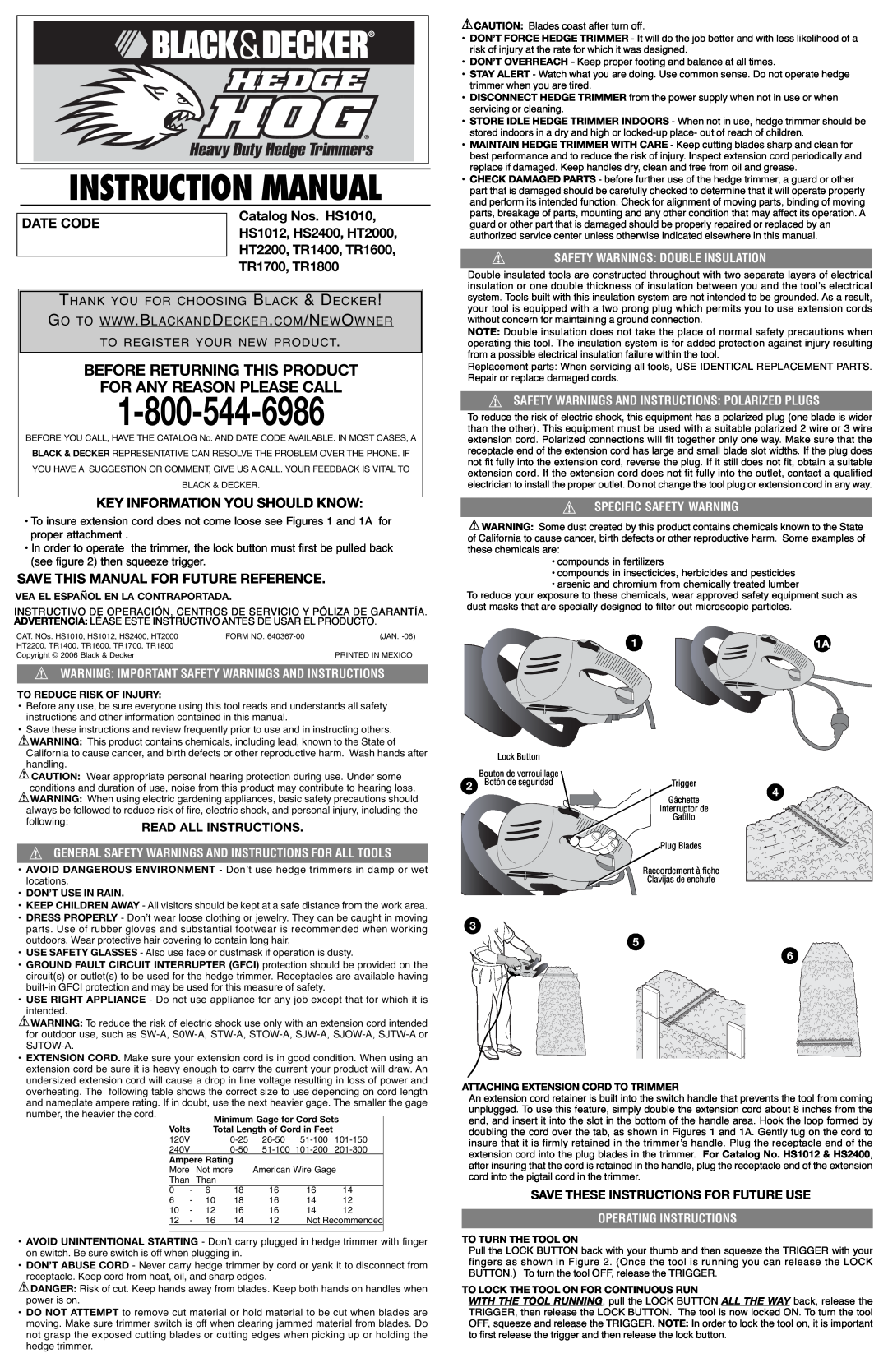 Black & Decker TR180, HS1010, TR1600 instruction manual Before Returning This Product For Any Reason Please Call, Date Code 