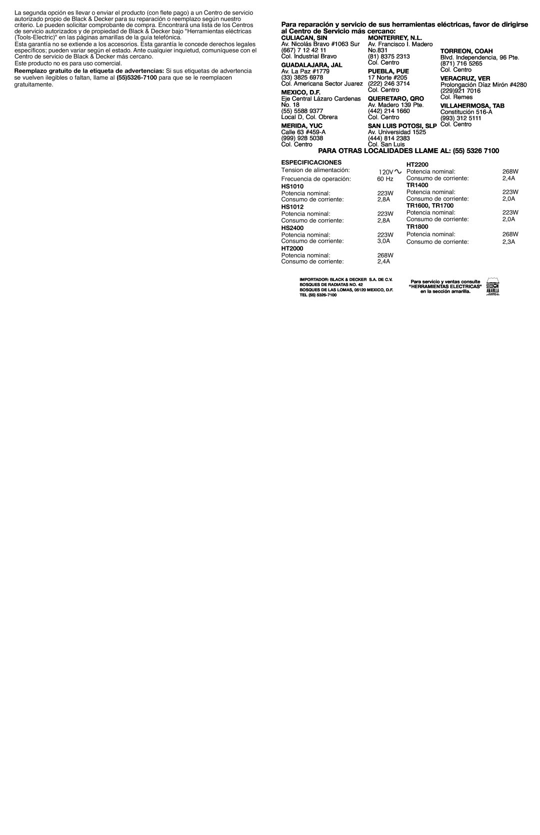 Black & Decker TR180, HS1010, TR1600, 40367-00 instruction manual PARA OTRAS LOCALIDADES LLAME AL 55 