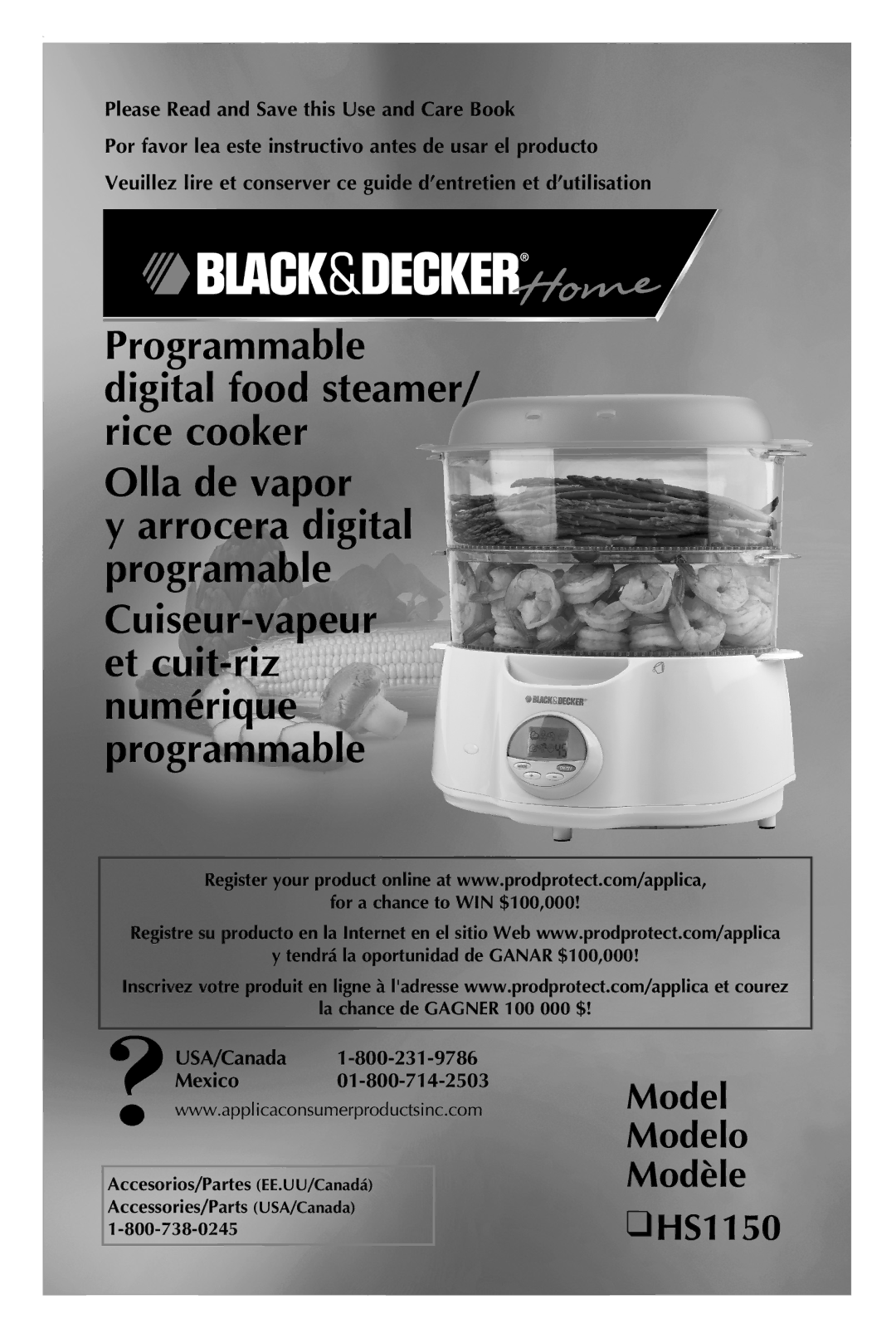 Black & Decker HS1050 manual Cuiseur-vapeur et cuit-riz numérique programmable, Model Modelo Modèle HS1150 