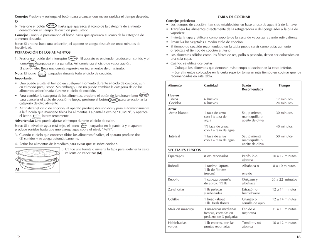 Black & Decker HS1050 manual Preparación DE LOS Alimentos, Tabla DE Cocinar, Vegetales Frescos 