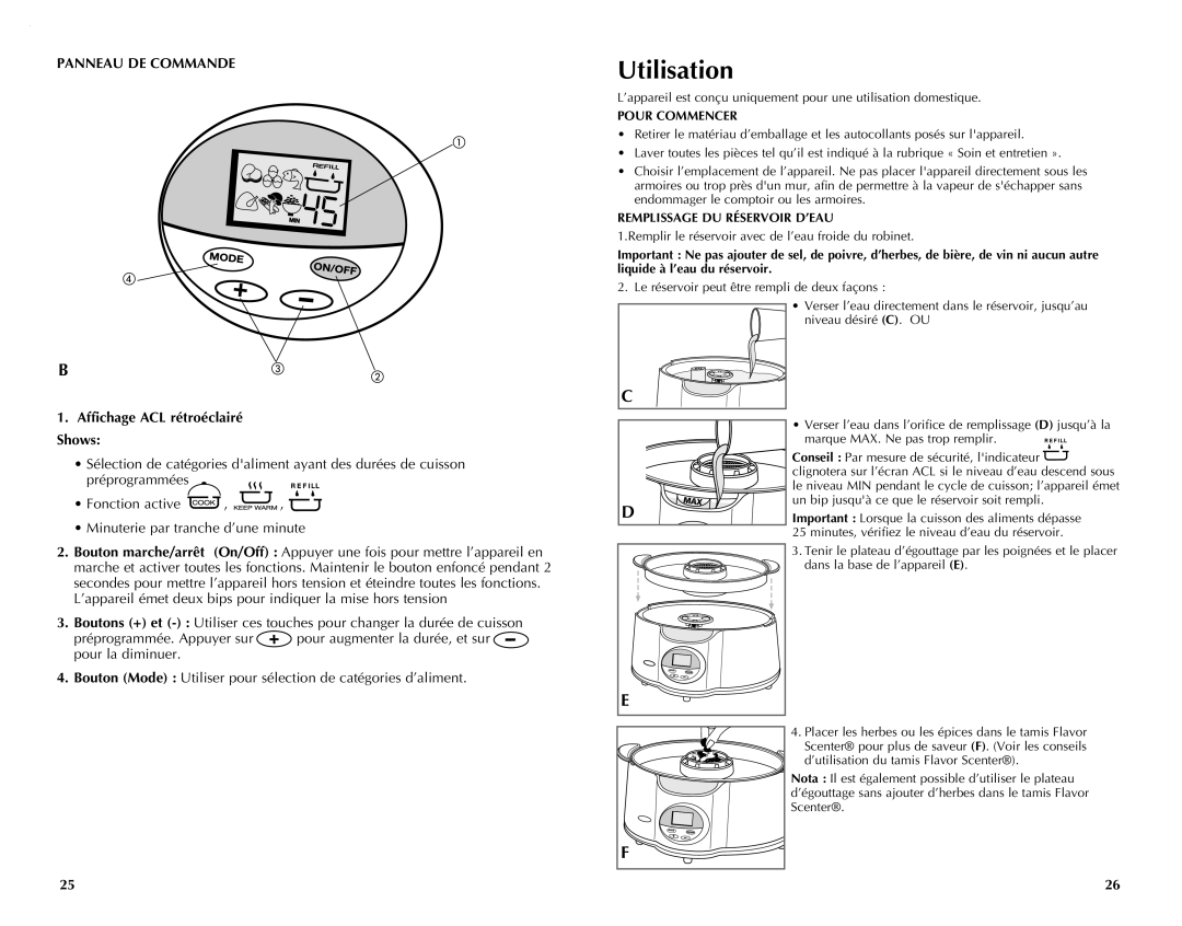 Black & Decker HS1050 manual Utilisation, Panneau DE Commande, Affichage ACL rétroéclairé Shows, Pour Commencer 