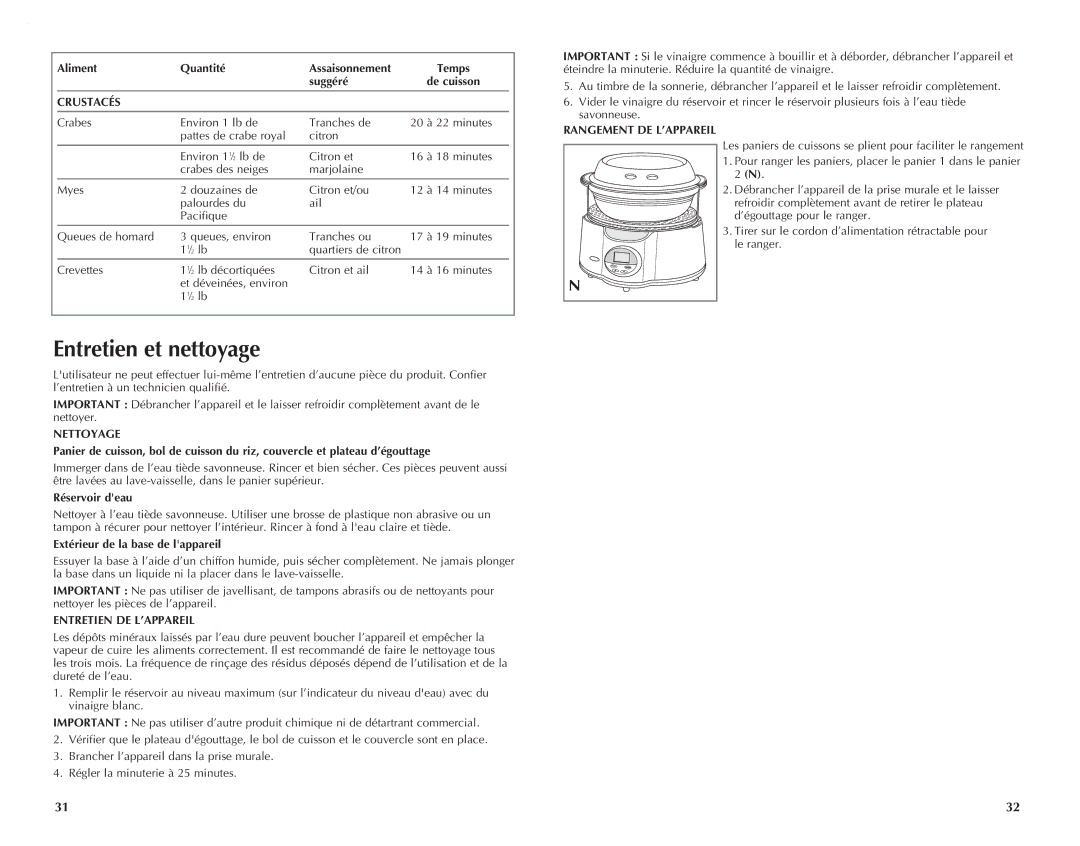 Black & Decker HS1050 manual Entretien et nettoyage, Crustacés, Nettoyage, Entretien DE L’APPAREIL, Rangement DE L’APPAREIL 