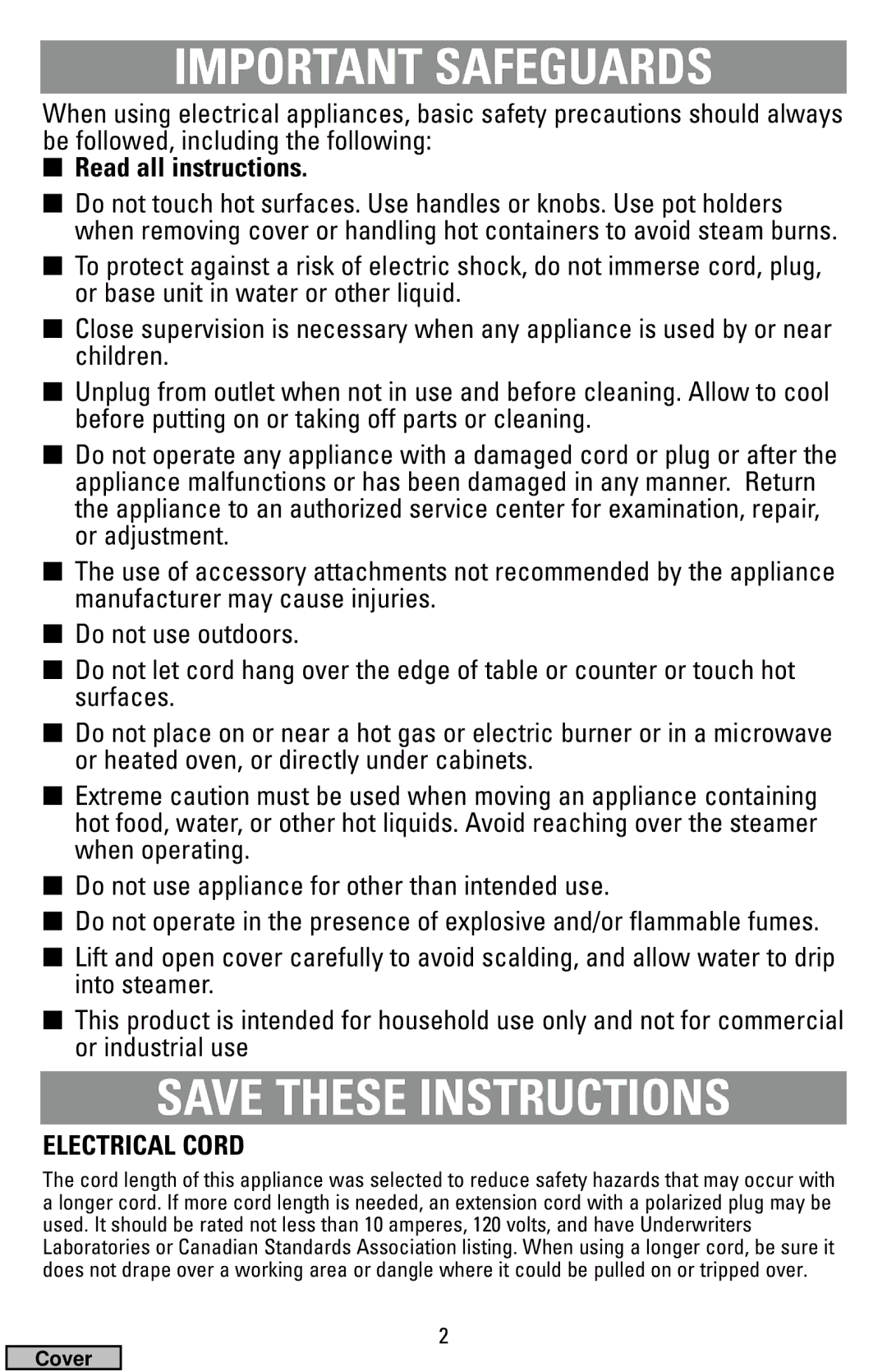 Black & Decker HS1776, HS2000 manual Important Safeguards, Electrical Cord 