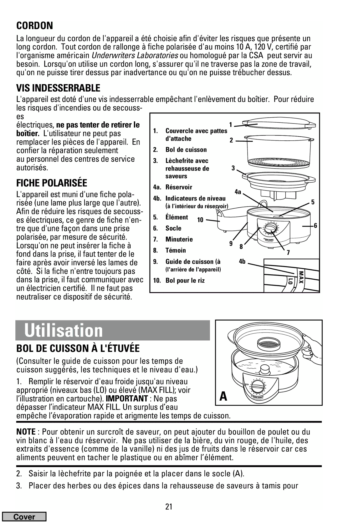 Black & Decker HS2000, HS1776 manual Utilisation, Cordon, VIS Indesserrable, Fiche Polarisée, BOL DE Cuisson À Létuvée 