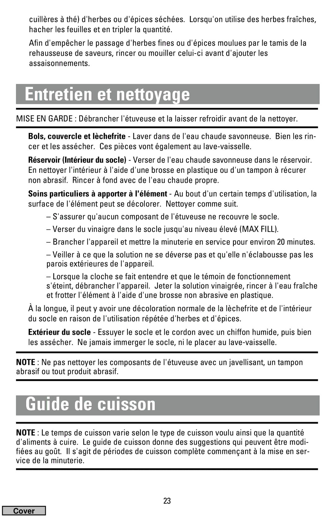 Black & Decker HS2000, HS1776 manual Entretien et nettoyage, Guide de cuisson 