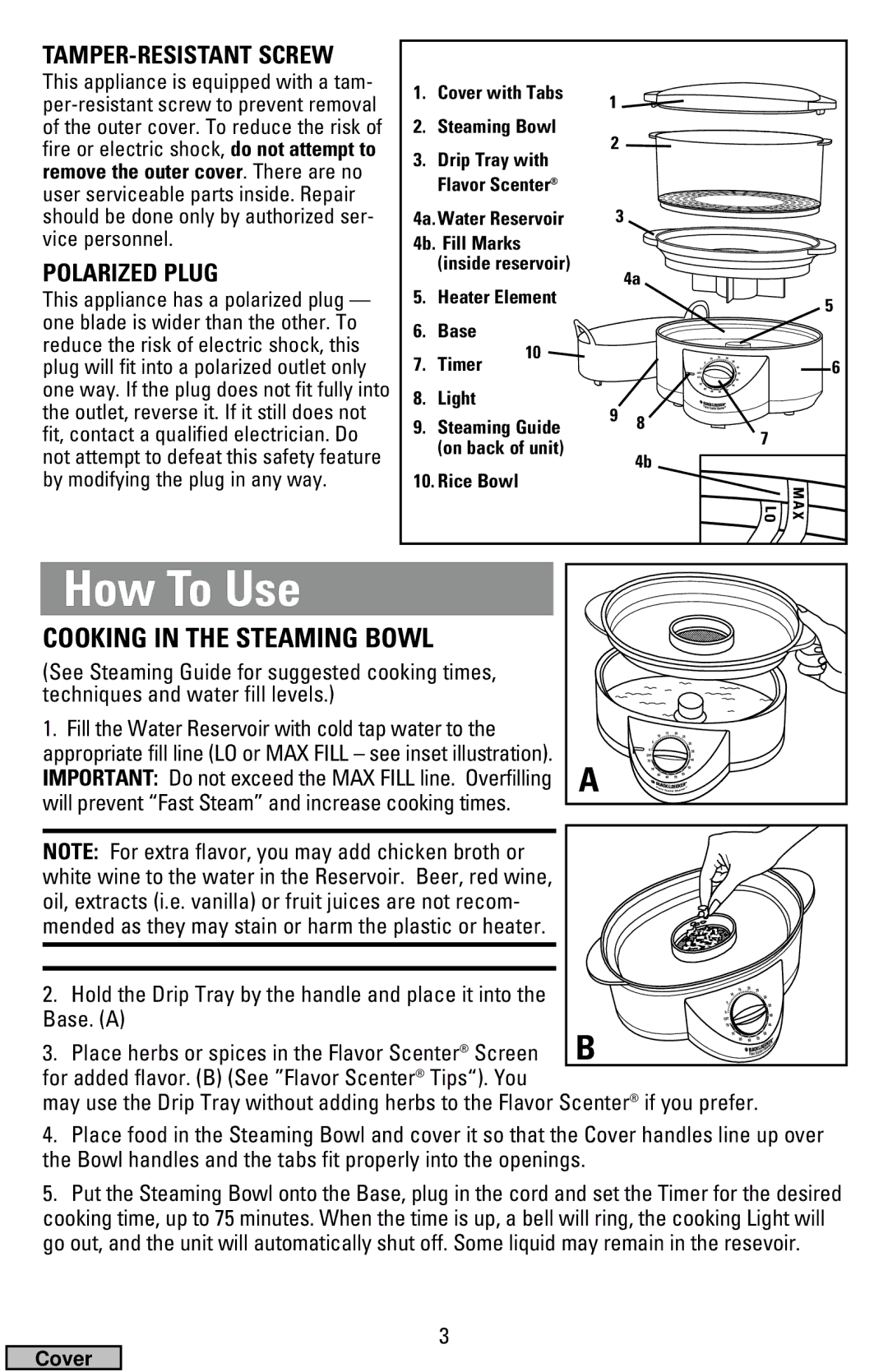 Black & Decker HS2000, HS1776 manual How To Use, Cooking in the Steaming Bowl, 4b. Fill Marks, Rice Bowl 