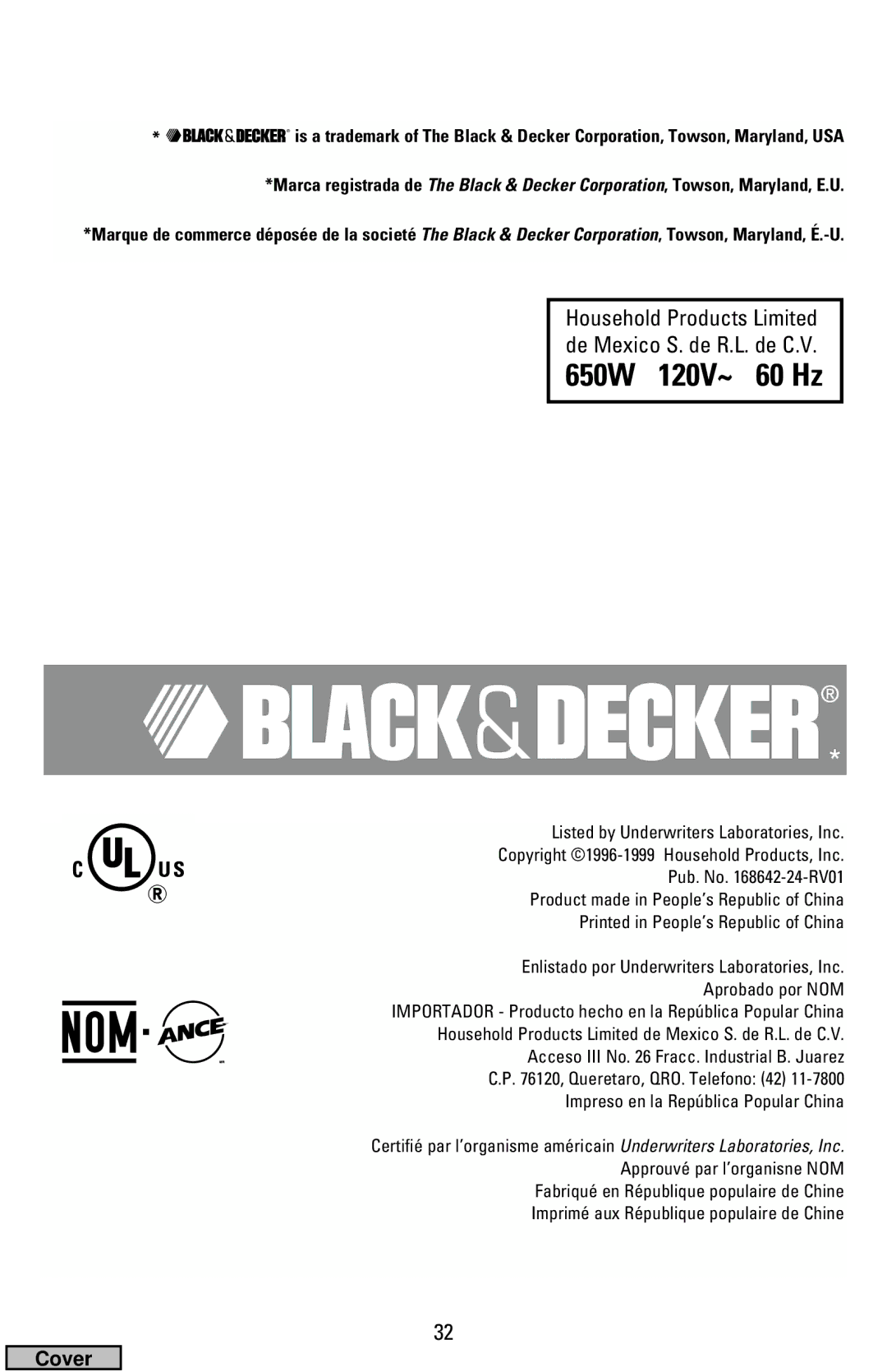 Black & Decker HS1776, HS2000 manual 650W 120V~ 60 Hz 