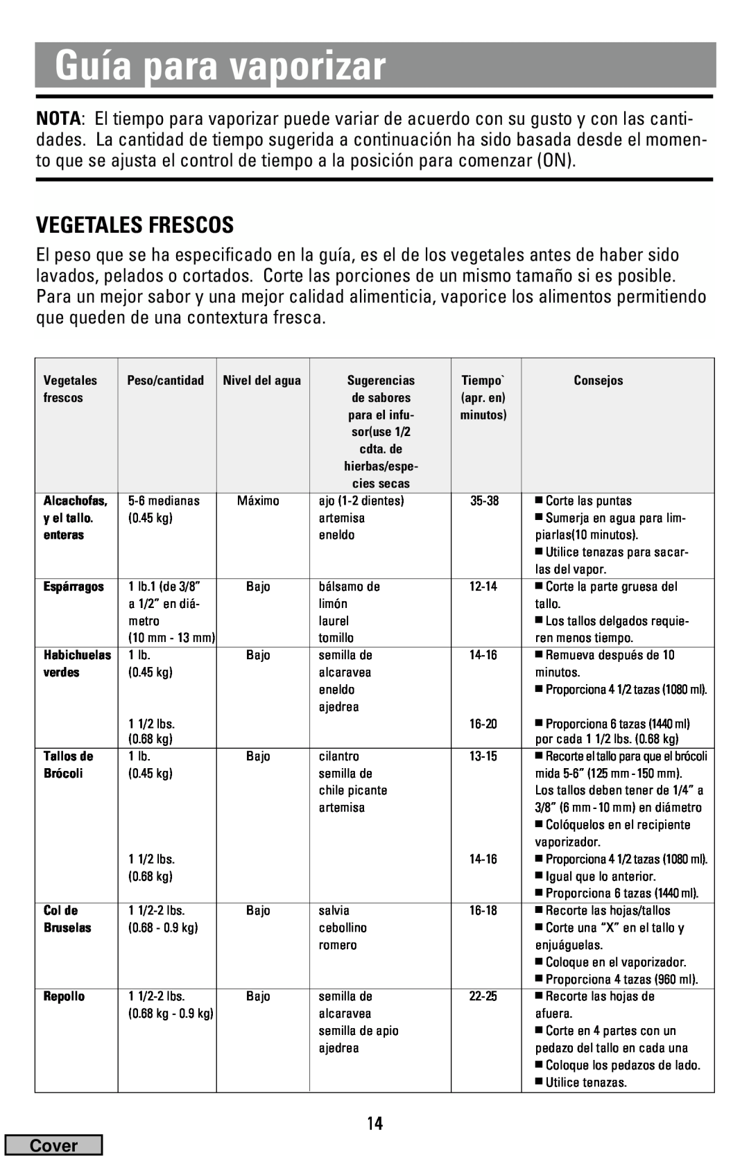 Black & Decker HS1776, HS2000 manual Guía para vaporizar, Vegetales Frescos, Cover 