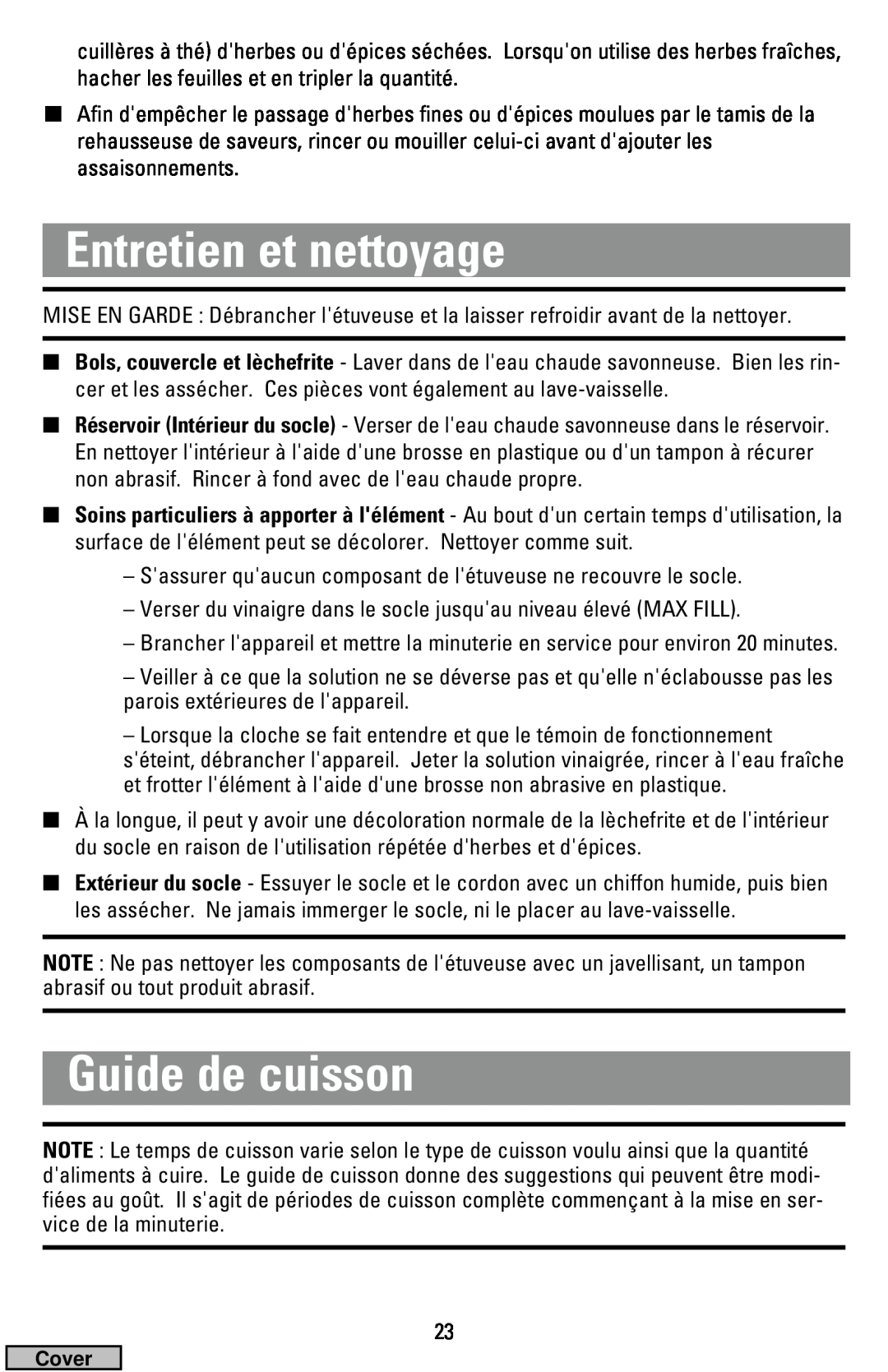 Black & Decker HS2000, HS1776 manual Entretien et nettoyage, Guide de cuisson 