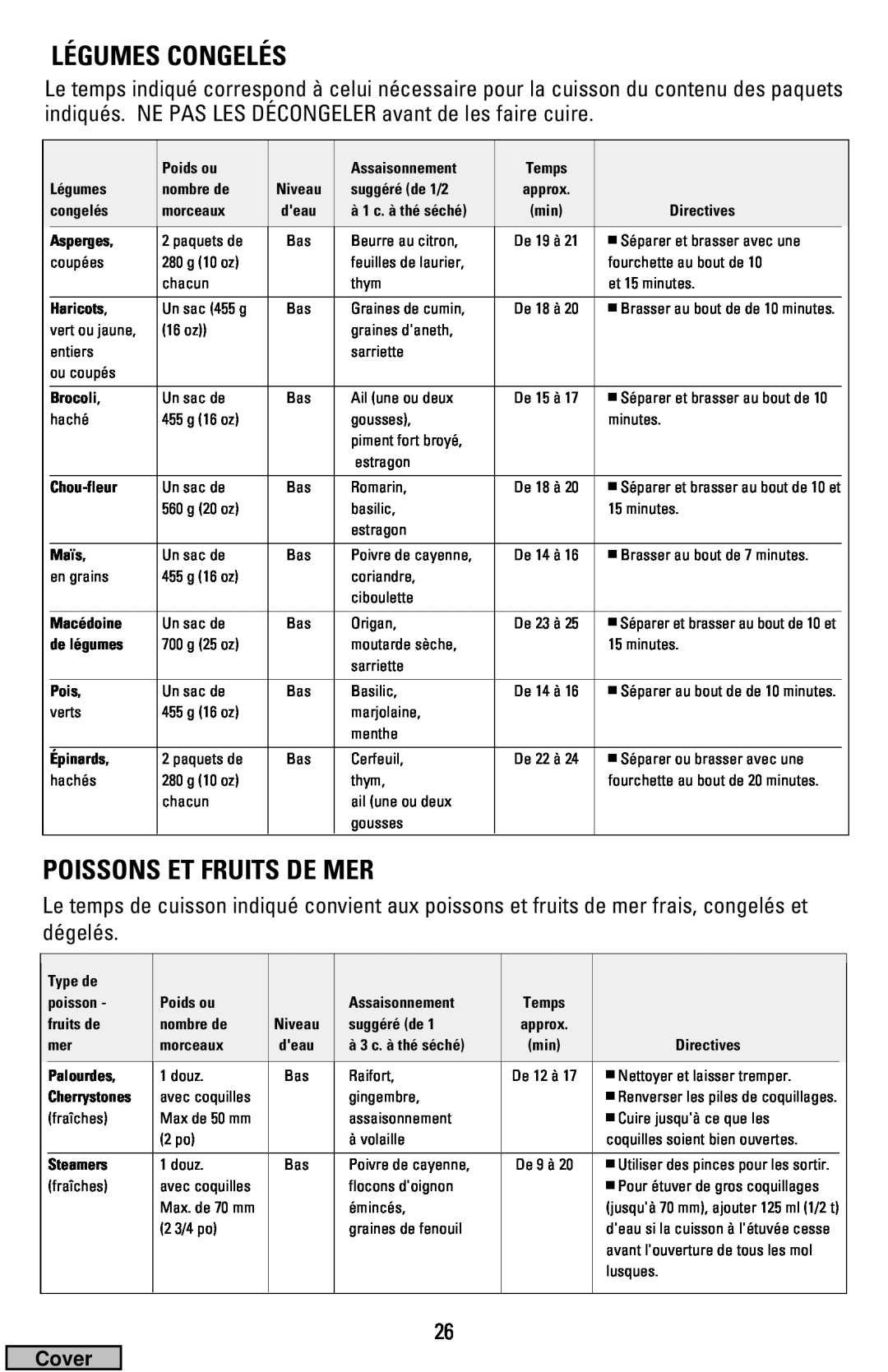 Black & Decker HS1776, HS2000 manual Légumes Congelés, Poissons Et Fruits De Mer 