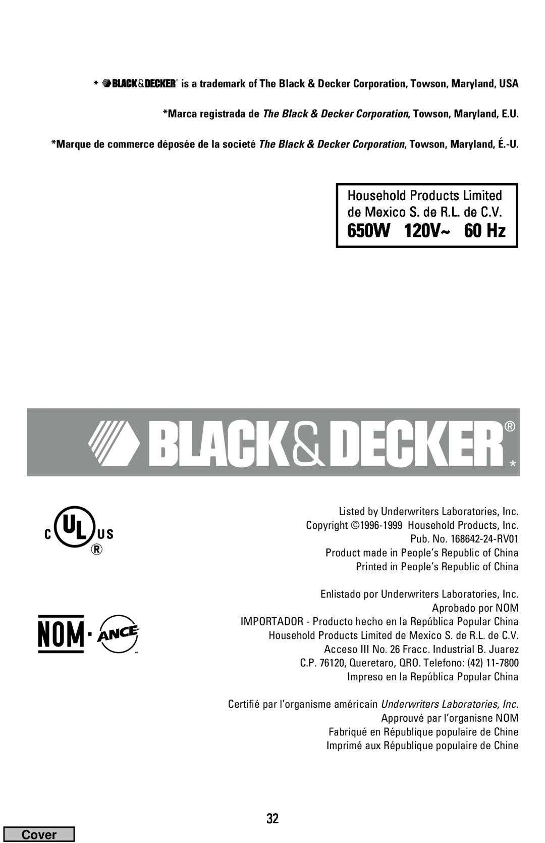 Black & Decker HS1776, HS2000 manual 650W 120V~ 60 Hz, Cover 