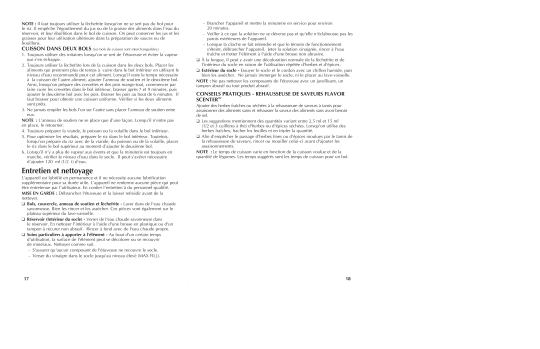 Black & Decker HS2776 manual Entretien et nettoyage, CONSEILS PRATIQUES - REHAUSSEUSE DE SAVEURS FLAVOR SCENTERmc 
