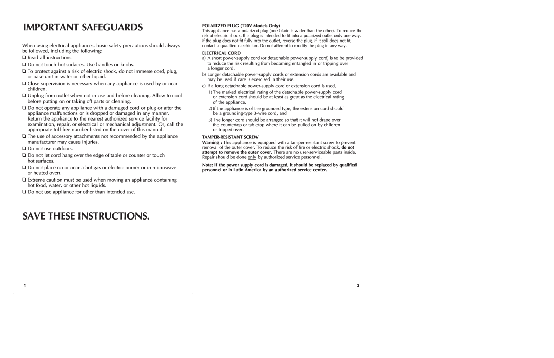 Black & Decker HS2776 manual Important Safeguards, Save These Instructions 