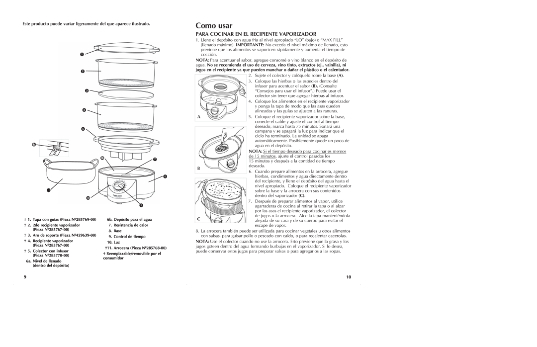 Black & Decker HS2776 manual Como usar, Para Cocinar En El Recipiente Vaporizador, escape de vapor 