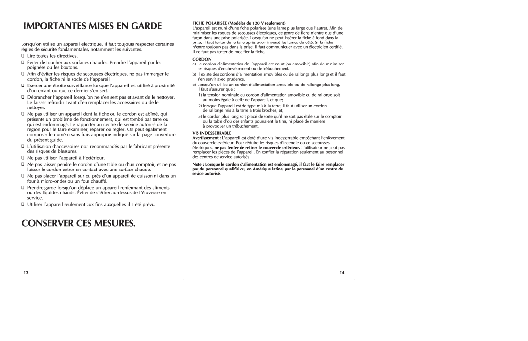 Black & Decker HS2776 manual Importantes Mises En Garde, Conserver Ces Mesures 