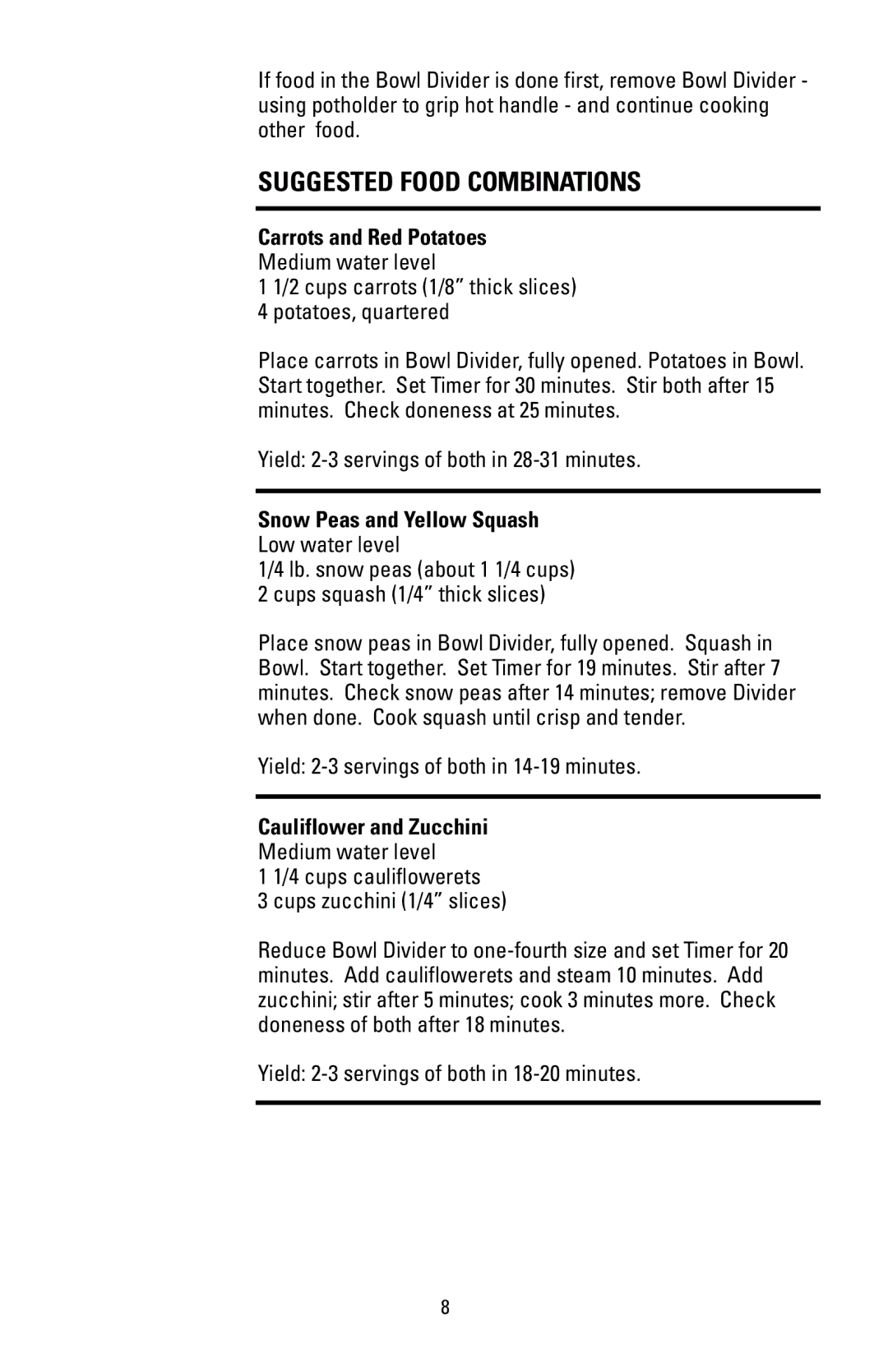 Black & Decker HS90 manual Suggested Food Combinations, Carrots and Red Potatoes 