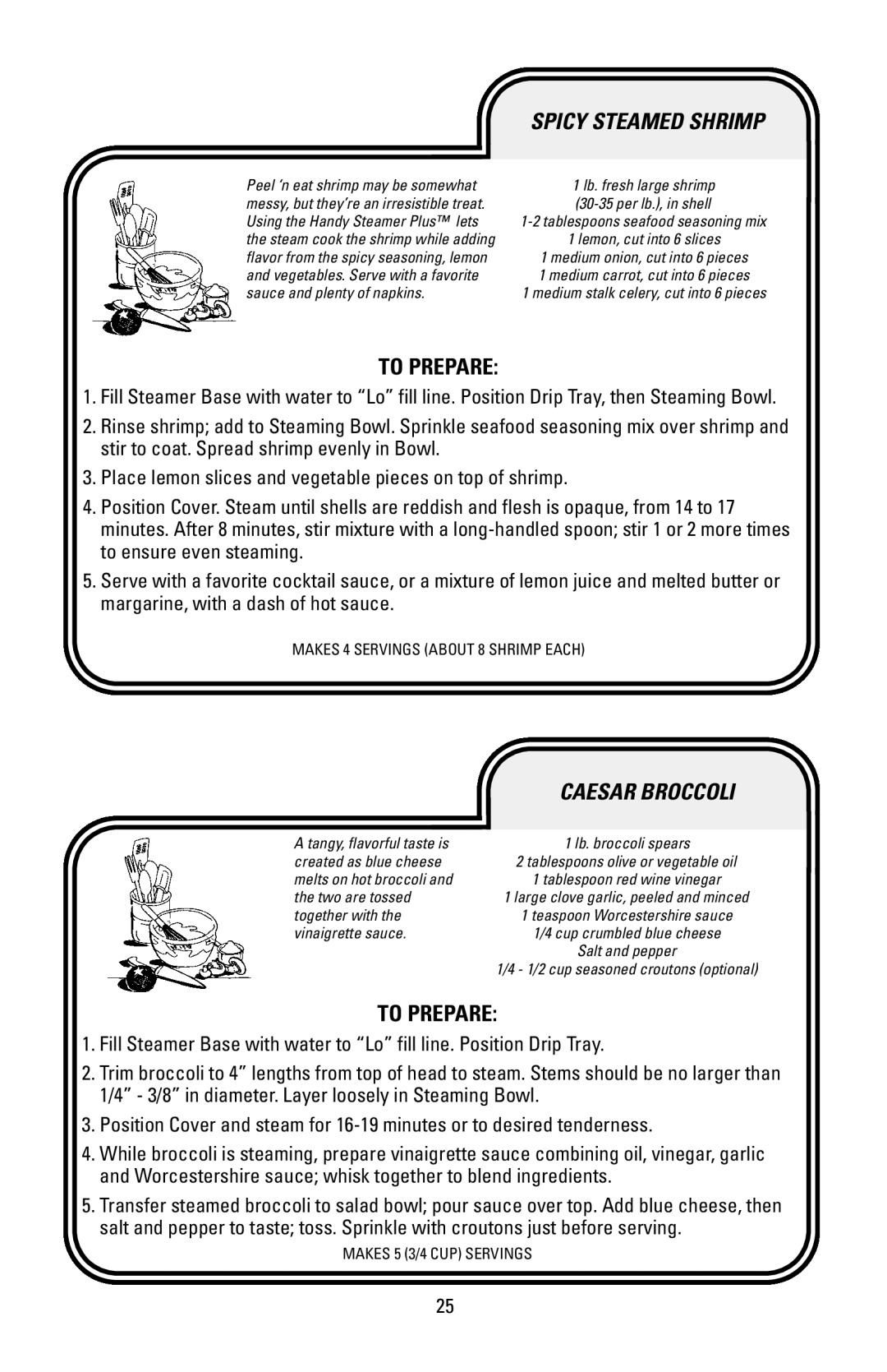 Black & Decker HS90 manual Spicy Steamed Shrimp, To Prepare, Caesar Broccoli 