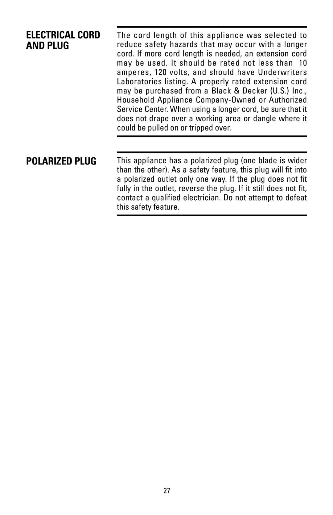 Black & Decker HS90 manual Polarized Plug, Electrical Cord And Plug 