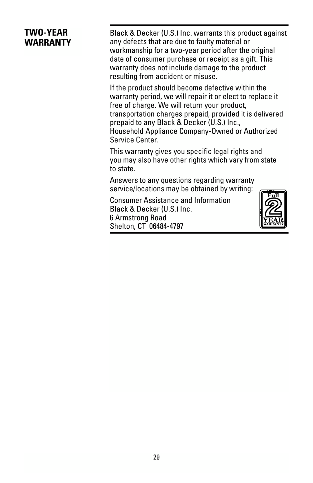 Black & Decker HS90 manual Two-Yearwarranty 